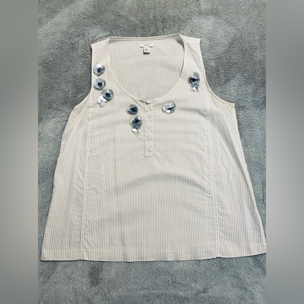 J. Crew Cream Striped Tank with Gray Floral Details
